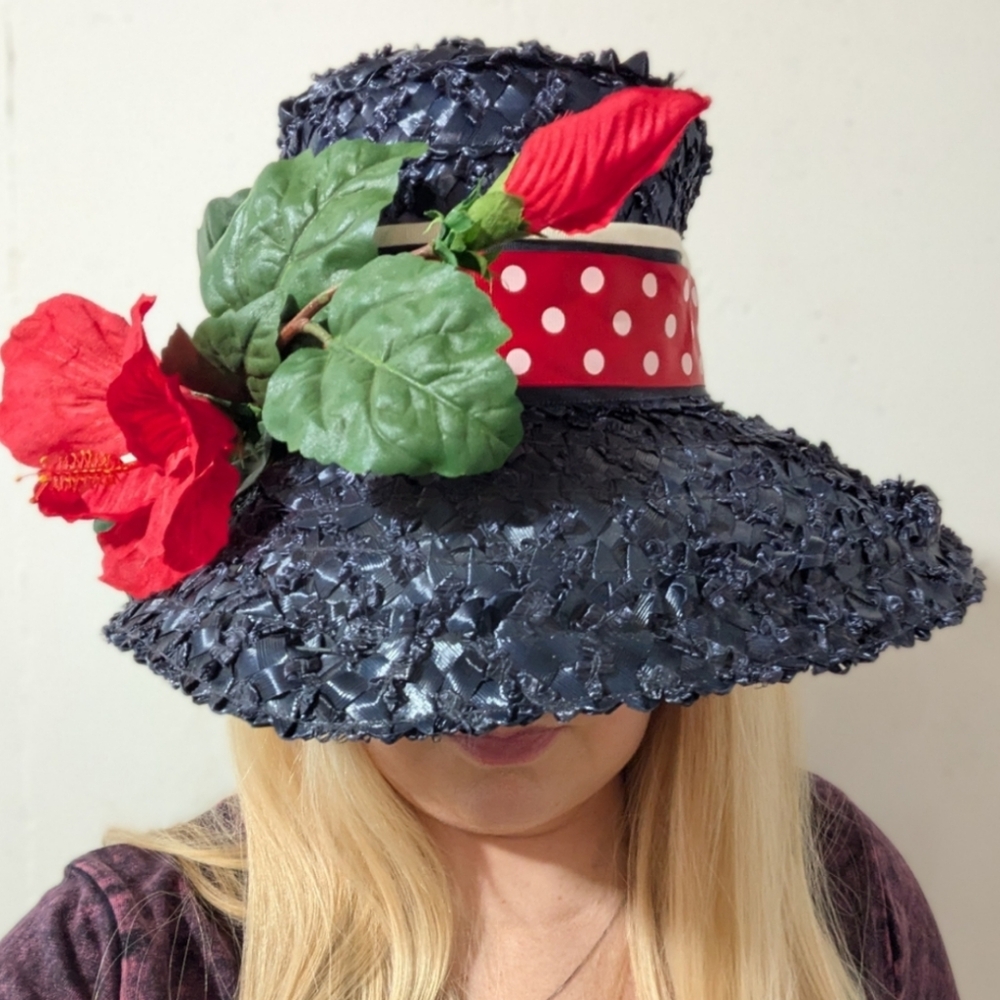 Vintage Navy Hat With Red Polka Dot Ribbon And Flower